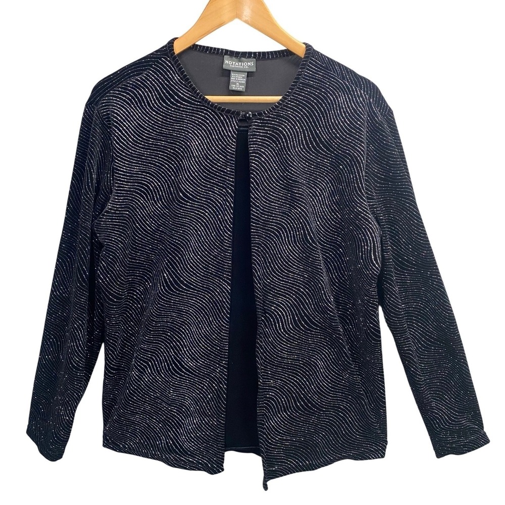Notations Glitter Wavy Stripe Jacket Womens XL Black Silver Metallic Cocktail